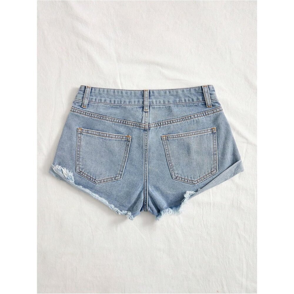 Women's Ripped Mini Jean Shorts Distressed Roll Hem Low Rise Y2K Style - Picture 2 of 5